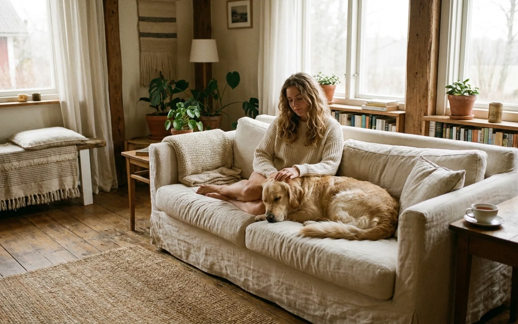 Person holding their dog close on a sofa at home, warm morning light