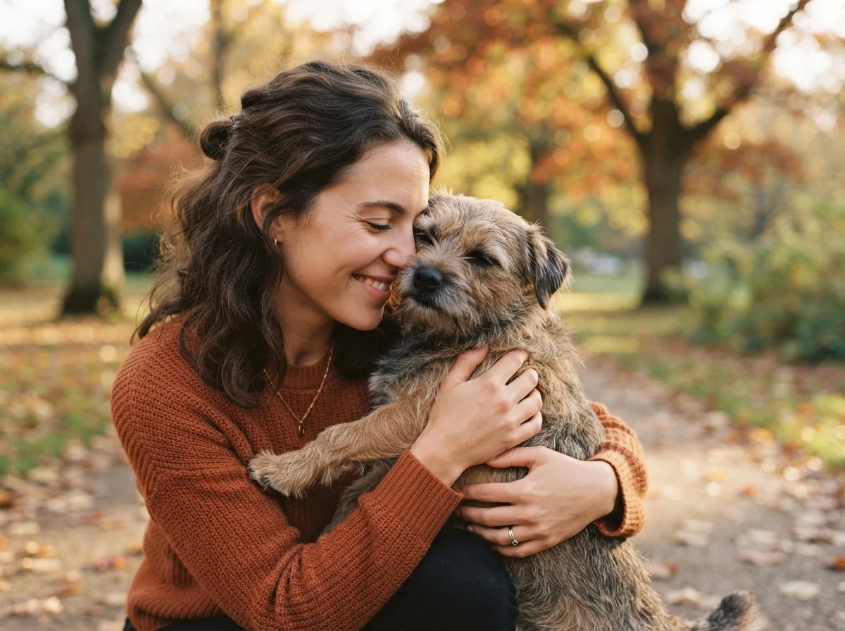 A woman hugging her dog outdoors in autumn light